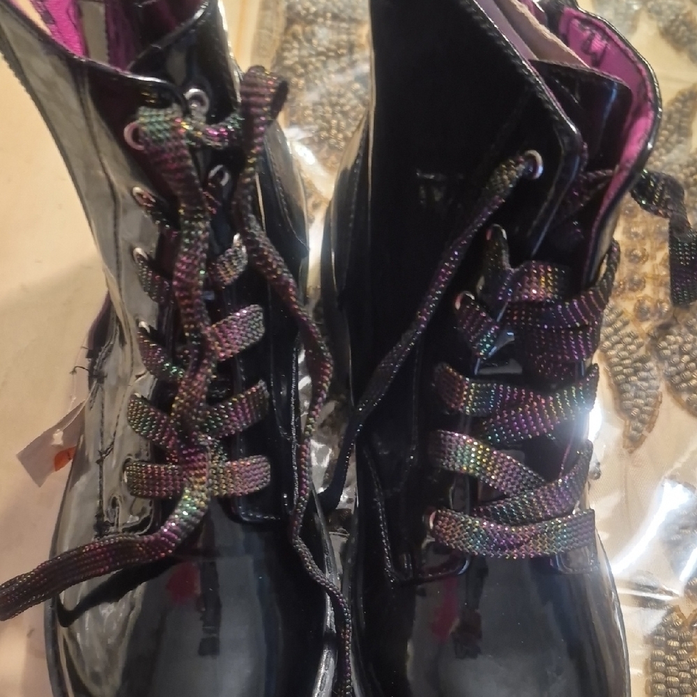 Black Patent Women's Lace-Up Combat Boots with Iridescent Laces